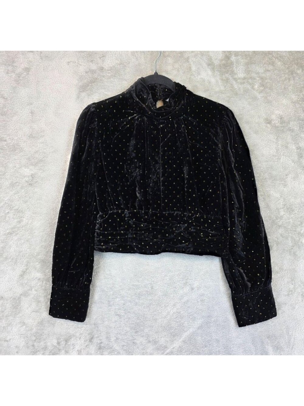 Zara Blouse Womens S Black Mock Neck Long Sleeve Velvet Polka Dot Cropped Top